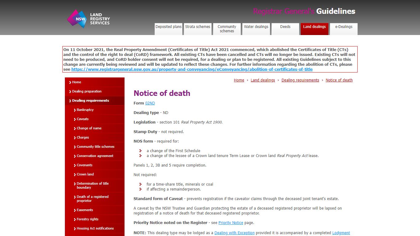 Notice of death - Registrar General's Guidelines